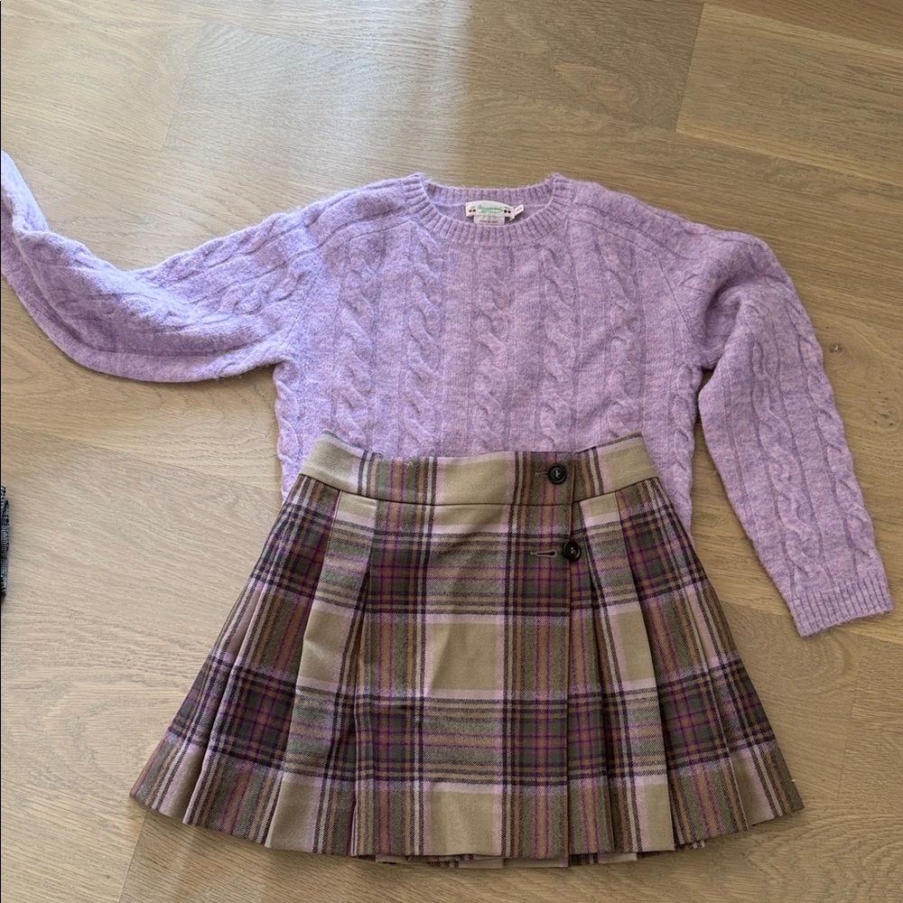 Bonpoint Purple Sweater and Plaid Skirt Set